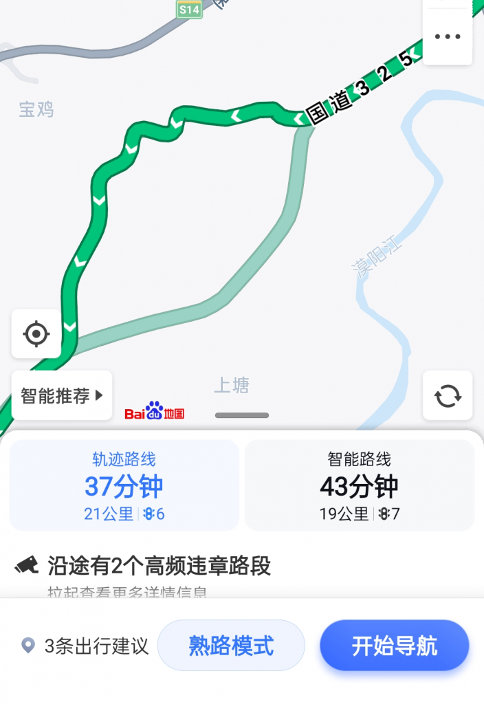 图一：绕行（轨迹）路线与智能路线G325的示意图